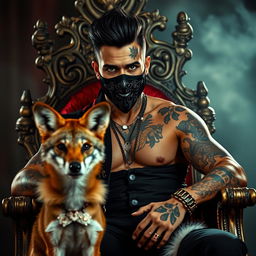 A striking scene featuring a handsome man with vibrant green eyes, black hair, and intricate tattoos, wearing a stylish mask