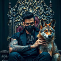 A striking scene featuring a handsome man with vibrant green eyes, black hair, and intricate tattoos, wearing a stylish mask