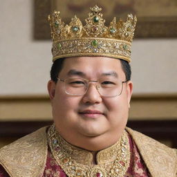 A slightly chubby, intelligent-looking Asian man wearing glasses, crowned with a regal, gold encrusted crown.