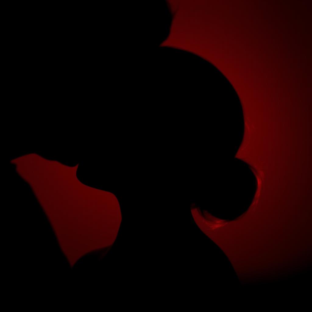 The shadow of a person's profile softly whispering, set against a dark red background that creates a dramatic and intimate atmosphere