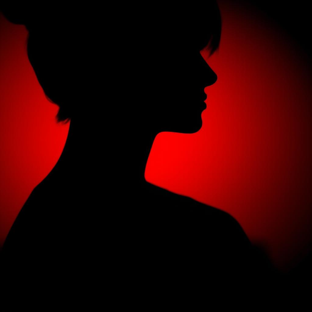 The shadow of a person's profile softly whispering, set against a dark red background that creates a dramatic and intimate atmosphere