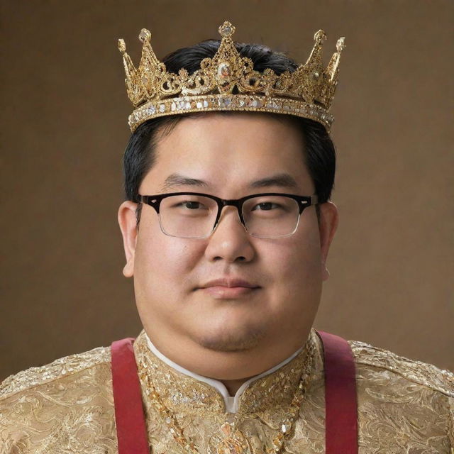 A slightly chubby, intelligent-looking Asian man wearing glasses, crowned with a regal, gold encrusted crown.