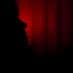 The shadow of a person's profile softly whispering, set against a dark red background that creates a dramatic and intimate atmosphere