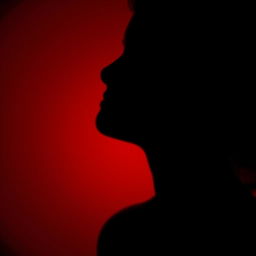 The shadow of a person's profile softly whispering, set against a dark red background that creates a dramatic and intimate atmosphere