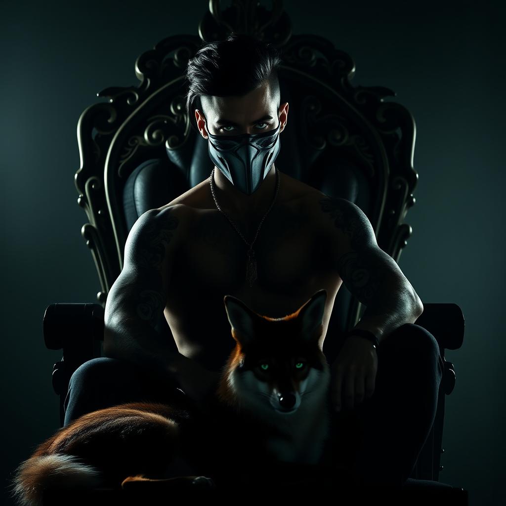 Silhouette of a sexy man with striking green eyes, jet black hair, and an array of intricate tattoos, wearing a stylish mask