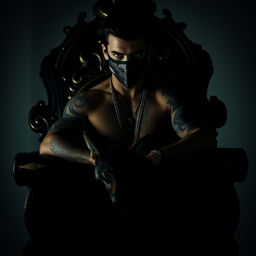 Silhouette of a sexy man with striking green eyes, jet black hair, and an array of intricate tattoos, wearing a stylish mask