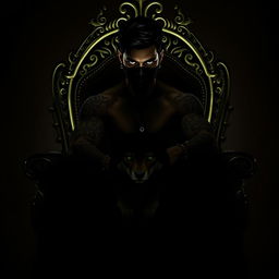 Silhouette of a sexy man with striking green eyes, jet black hair, and an array of intricate tattoos, wearing a stylish mask