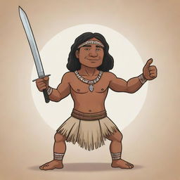 A cartoon of an indigenous man, raising his sword with valor and defiance.