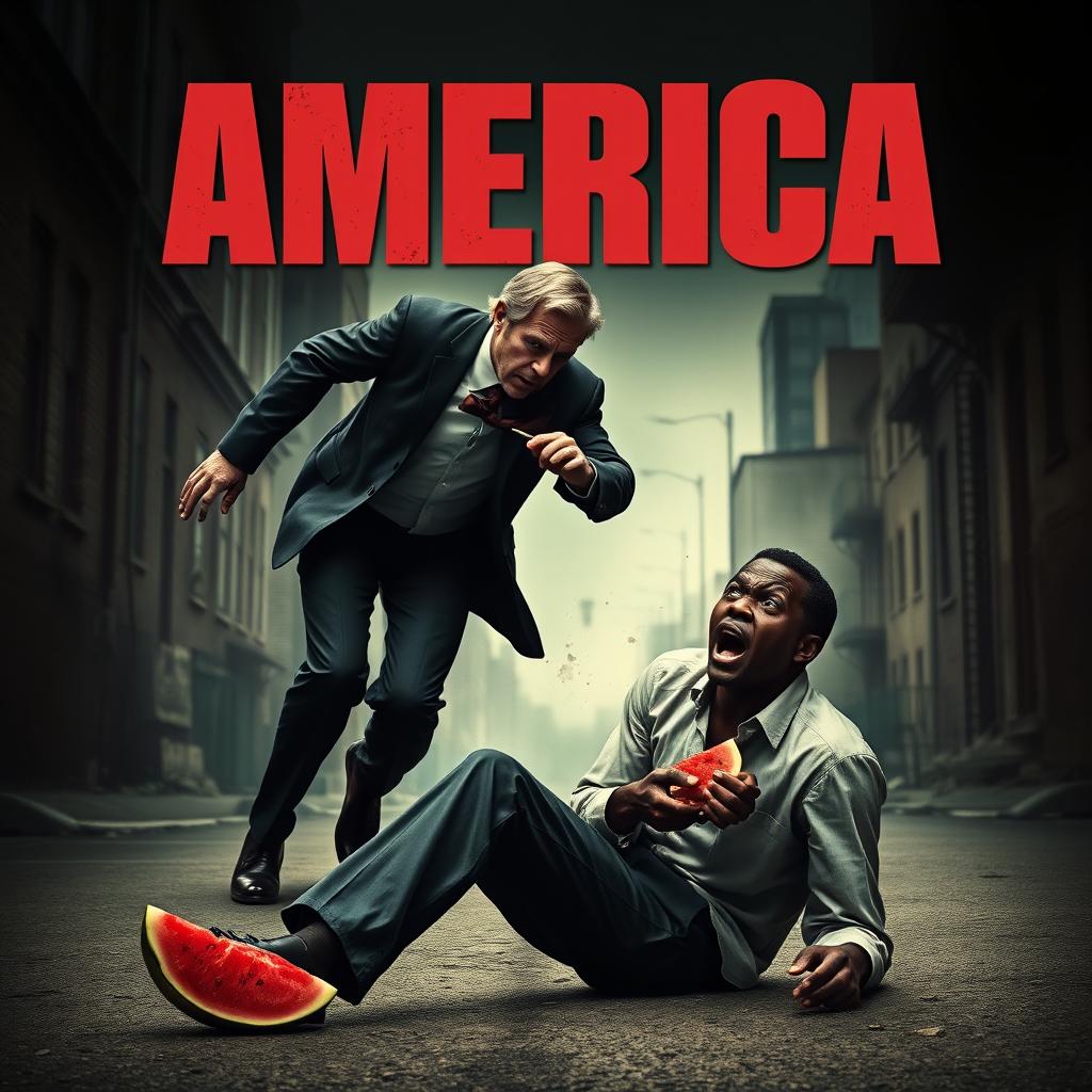 A dramatic movie poster depicting a tense confrontation between a menacing white man in a suit chasing after a frightened black man who is sitting on the ground, eating a slice of watermelon