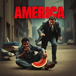 A dramatic movie poster depicting a tense confrontation between a menacing white man in a suit chasing after a frightened black man who is sitting on the ground, eating a slice of watermelon