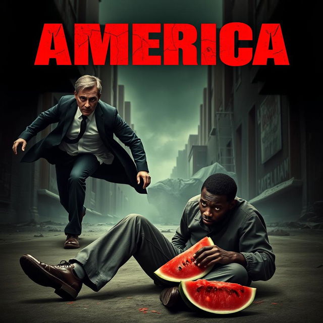 A dramatic movie poster depicting a tense confrontation between a menacing white man in a suit chasing after a frightened black man who is sitting on the ground, eating a slice of watermelon