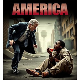 A dramatic movie poster depicting a tense confrontation between a menacing white man in a suit chasing after a frightened black man who is sitting on the ground, eating a slice of watermelon