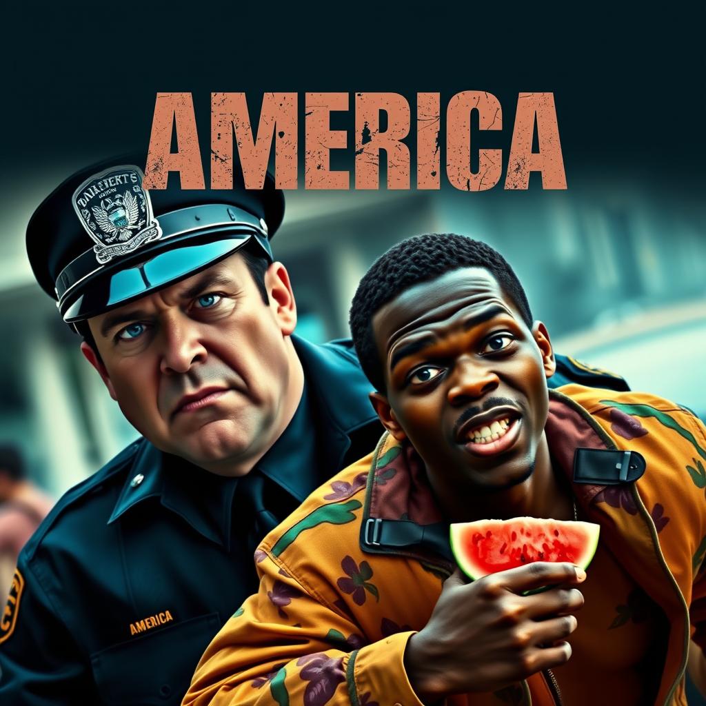 A dynamic and dramatic movie poster titled 'America', featuring a tense scene of an evil-looking white police officer in a dark uniform with an aggressive expression, pursuing a Black man