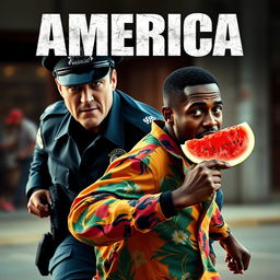 A dynamic and dramatic movie poster titled 'America', featuring a tense scene of an evil-looking white police officer in a dark uniform with an aggressive expression, pursuing a Black man