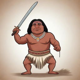 A cartoon of an indigenous man, raising his sword with valor and defiance.