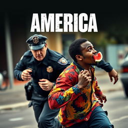 A dynamic and dramatic movie poster titled 'America', featuring a tense scene of an evil-looking white police officer in a dark uniform with an aggressive expression, pursuing a Black man