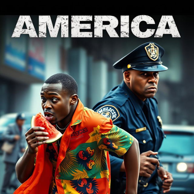 A dynamic and dramatic movie poster titled 'America', featuring a tense scene of an evil-looking white police officer in a dark uniform with an aggressive expression, pursuing a Black man