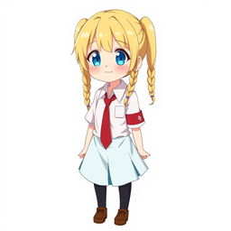 Anime character design of a 14-year-old schoolgirl with long blonde twin braids and bright blue eyes