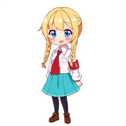 Anime character design of a 14-year-old schoolgirl with long blonde twin braids and bright blue eyes