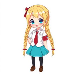 Anime character design of a 14-year-old schoolgirl with long blonde twin braids and bright blue eyes