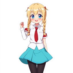 Anime character design of a 14-year-old schoolgirl with long blonde twin braids and bright blue eyes