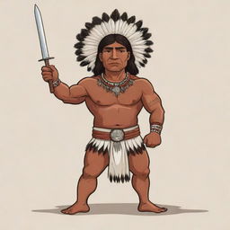 A cartoon of an indigenous man, raising his sword with valor and defiance.