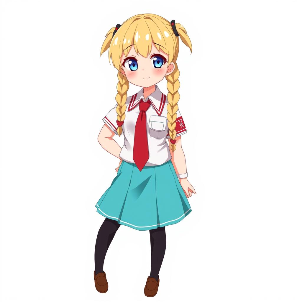 Anime character design of a 14-year-old schoolgirl with long blonde twin braids, embodying a kind big sister archetype