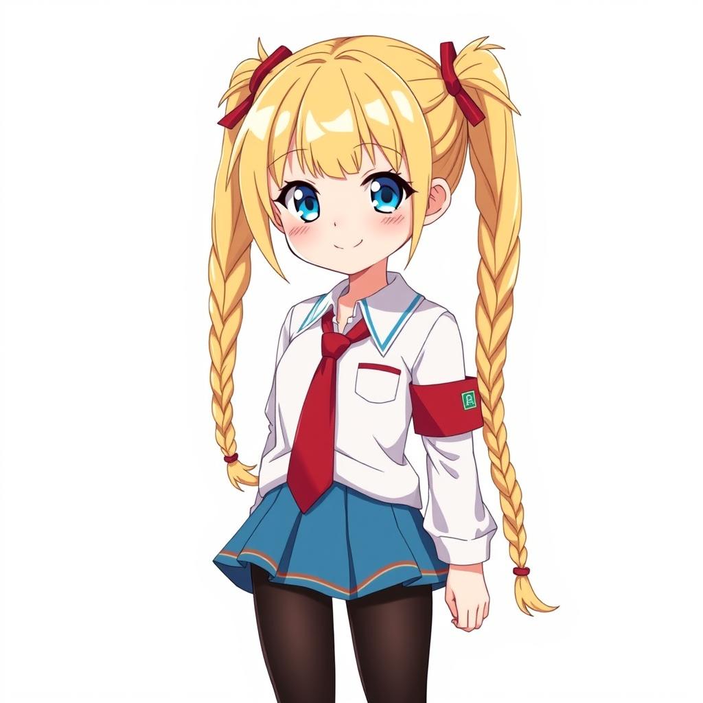 Anime character design of a 14-year-old schoolgirl with long blonde twin braids, embodying a kind big sister archetype