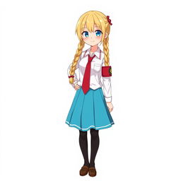 Anime character design of a 14-year-old schoolgirl with long blonde twin braids, embodying a kind big sister archetype