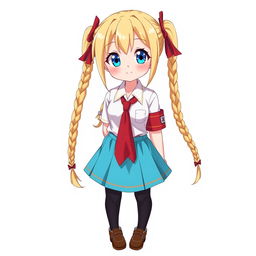 Anime character design of a 14-year-old schoolgirl with long blonde twin braids, embodying a kind big sister archetype