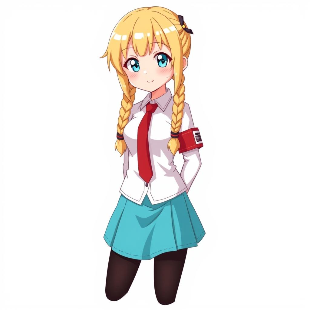 Anime character design of a schoolgirl with long blonde twin braids, embodying a kind big sister archetype