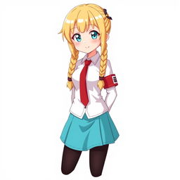 Anime character design of a schoolgirl with long blonde twin braids, embodying a kind big sister archetype