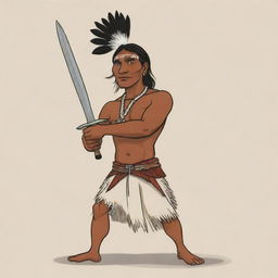 A cartoon of an indigenous man, raising his sword with valor and defiance.