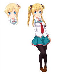 Anime character design of a schoolgirl with long blonde twin braids, embodying a kind big sister archetype