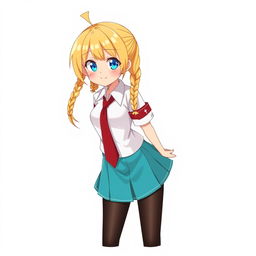 Anime character design of a schoolgirl with long blonde twin braids, embodying a kind big sister archetype