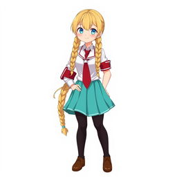 Anime character design of a schoolgirl with long blonde twin braids, embodying a kind big sister archetype