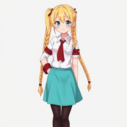 Anime character design of a high school girl with long blonde twin braids, embodying a kind big sister archetype with a mature look