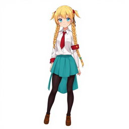 Anime character design of a high school girl with long blonde twin braids, embodying a kind big sister archetype with a mature look