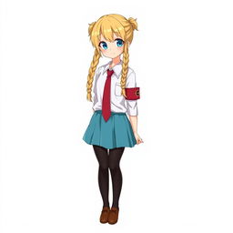 Anime character design of a high school girl with long blonde twin braids, embodying a kind big sister archetype with a mature look