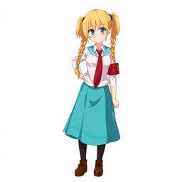 Anime character design of a high school girl with long blonde twin braids, embodying a kind big sister archetype with a mature look