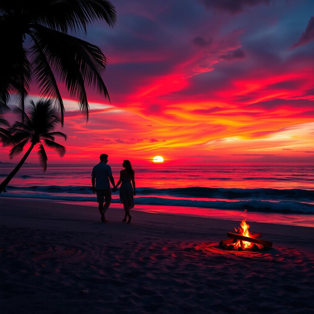 A stunning sunset over a tranquil beach, with vibrant red, orange, and purple hues lighting up the sky, reflecting on the calm water