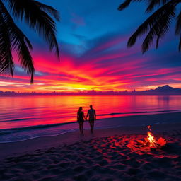 A stunning sunset over a tranquil beach, with vibrant red, orange, and purple hues lighting up the sky, reflecting on the calm water