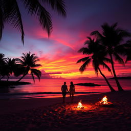 A stunning sunset over a tranquil beach, with vibrant red, orange, and purple hues lighting up the sky, reflecting on the calm water