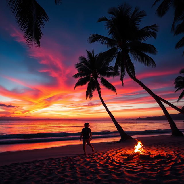 A stunning sunset over a tranquil beach, with vibrant red, orange, and purple hues lighting up the sky, reflecting on the calm water