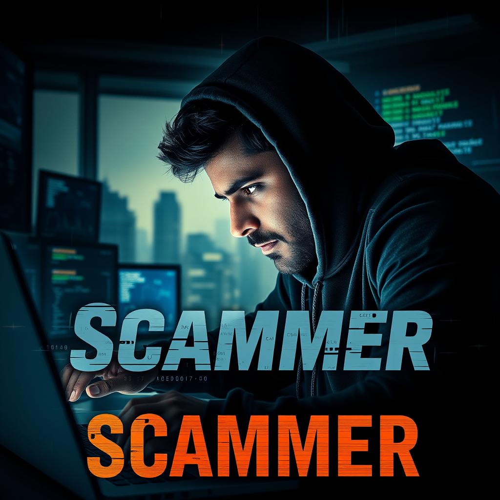 An intense action movie poster titled 'Scammer', featuring an Indian man in a dark hoodie, focused intently on a laptop screen in a dimly lit room