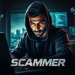 An intense action movie poster titled 'Scammer', featuring an Indian man in a dark hoodie, focused intently on a laptop screen in a dimly lit room