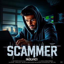 An intense action movie poster titled 'Scammer', featuring an Indian man in a dark hoodie, focused intently on a laptop screen in a dimly lit room
