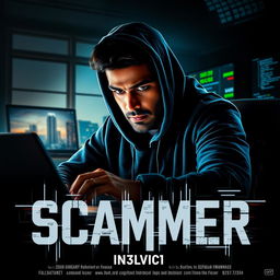 An intense action movie poster titled 'Scammer', featuring an Indian man in a dark hoodie, focused intently on a laptop screen in a dimly lit room