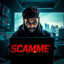 An intense action movie poster titled 'Scammer', featuring an Indian man in a dark hoodie, focused intently on a laptop screen in a dimly lit room