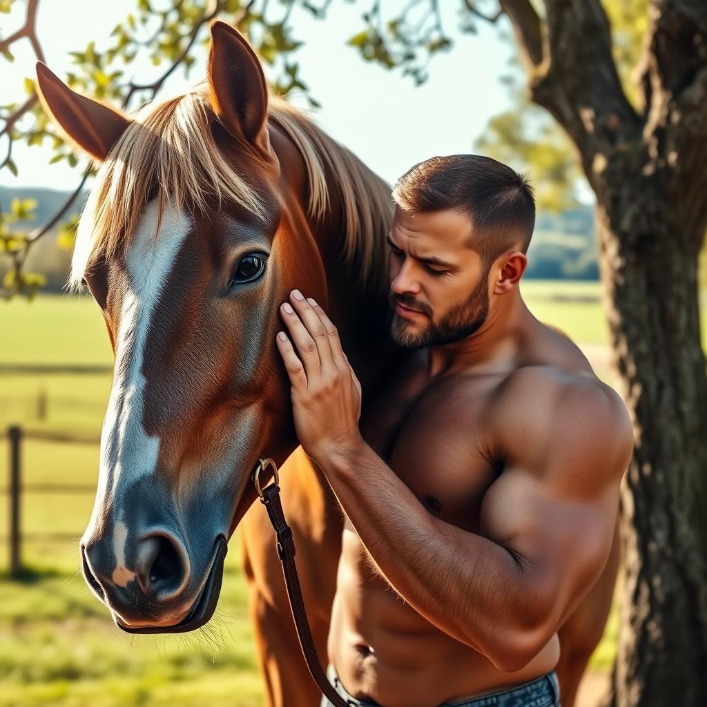 A strong and muscular man interacting gently with a majestic horse in a serene countryside setting